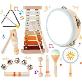 Toddler Musical Instruments-Montessori Wooden Educational Toys for Toddlers 1-3,Baby Musical Instruments,Neutral Color Musical Instruments Set with Xylophone,Maracas,Bell,Birthday Gift for Ages 1 2 3