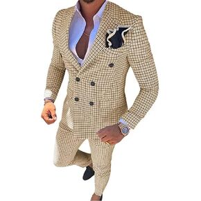 Mens Plaid Slim Fit 2 Pieces Suit Casual Notched Lapel Blazer Tuxedo Sport Coat Trousers