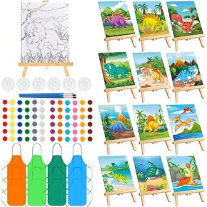 Ireer 12 Sets Canvas Paint Party Kits Include 12 Dinosaur Pre Drawn Canvas 12 Palettes 12 Apron 12 Easels 12 Brushes 24 Set Acrylic Paints Sip and Painting Kit for Kids Art Birthday Party Gift