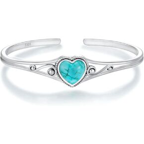 Genuine Turquoise Bracelet, Sterling Silver Native American Boho Adjustable Heart Bangle Cuff Jewelry for Women, Fit for 6.5 7 7.5 Inches