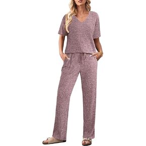 Ekouaer Lounge Sets for Women Short Sleeve Top and Long Pants Ribbed Knit Pajama Set 2 Piece PJ Sets Outfits