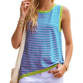 Women's Striped Sweater Vest Crewneck Sleeveless Relaxed Fit Lower Back Hem Summer Knit Pullover Casual Tank Top