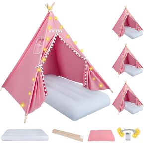4 Set Kids Teepee Tent Bulk with Light String, Inflatable Airbed Bedding Fitted Sheet, Toddler Play Tent Washable Foldable Tent or Girls Boys Slumber Party Indoor Outdoor (No air Pump Included)
