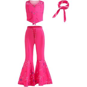 Girls Pink Pants Sets 3 PCS Vest Top Flared Pants with Scarf Halloween Party Birthday Cowgirl Outfits for 3-11 Years