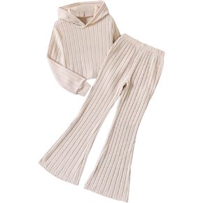 GORGLITTER Girl's 2 Piece Outfits Set Ribbed Knit Long Sleeve Hoodie Sweatshirt and Flare Pants