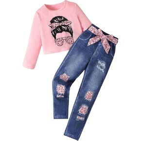 GORGLITTER Girl's Two Piece Figure Heart Graphic Outfit Long Sleeve T Shirt Ripped Belted Denim Pants Set