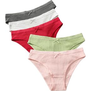 Verdusa Women's 5 Pack Ribbed Underwear Bow Triangle Briefs Solid Panty Sets