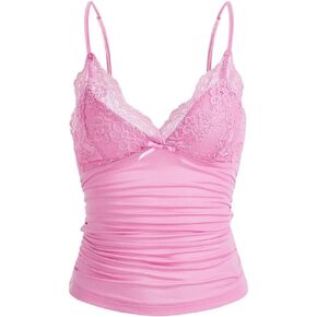 Women Y2k Lace Trim Cami Top Spaghetti Strap Fairy Grunge Tank Top V Neck Ruched Bow Lace Patchwork Cami Shirt