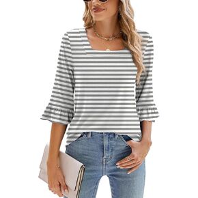 Poetsky Women's Casual 3/4 Sleeve Tops Summer Square Neck T Shirts Ruffle Loose Fit Tunic Bloues