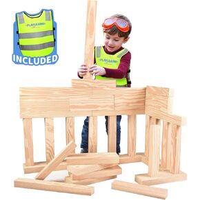 Playlearn 24pc Foam Wooden Beams for Kids- Children’s Reflective Vest and Storage Bag Included - Actual Beam Size Lightweight, Soft Building Blocks - Fake Wooden Beams