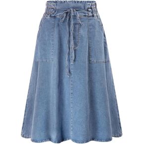 KANCY KOLE Women Casual Denim Skirts Frill Tie Waist A-Line Midi Jean Skirt with Pockets S-XXL
