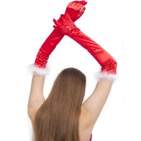 Long Satin Gloves with Feathers Women Costume Long Elbow Length Opera Feather Gloves Halloween Cosplay Formal Outfits