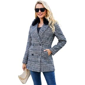 Womens Pea Coat Classic Lattice Winter Overcoat Lapel Collar Woolen Plaid Double Breasted Peacoat Jacket