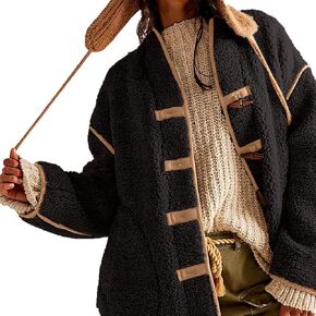 Women's Oversized Fleece Jacket Long Sleeve Button Lightweight Teddy Jackets Fuzzy Sherpa Coats with Pockets