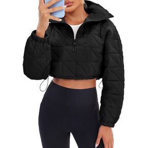 Fisoew Women's Cropped Puffer Jacket Quilted Half Zip Long Sleeve Lightweight Winter Pullover Tops