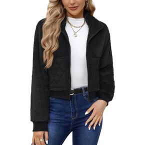 Women Winter Warm Fuzzy Fleece Cropped Jacket Full Zip Sherpa Coat with Pockets