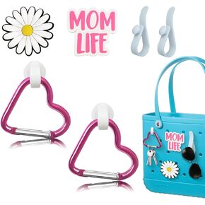 4Pcs Hooks and Clips Set Accessories for Bogg Bags,Momlife Charms for Bogg Bag Original Baby X Large,Daisy Charms for Rubber Beach Tote Bag Accessories,Key Holder Accessory for Simply Southern Bags