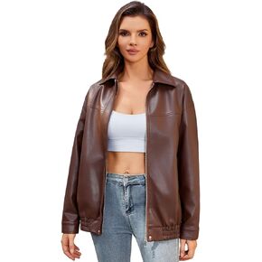 DIASHINY Faux Leather Jacket For Women Moto Biker Zip Up Motorcycle Loose Outwear
