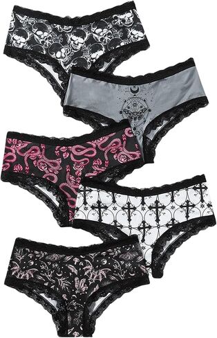 WDIRARA Women's 5 Pack Set Goth Graphic Print Mesh Sheer Lace Trim Mid Rise Underwear Briefs in Kuwait