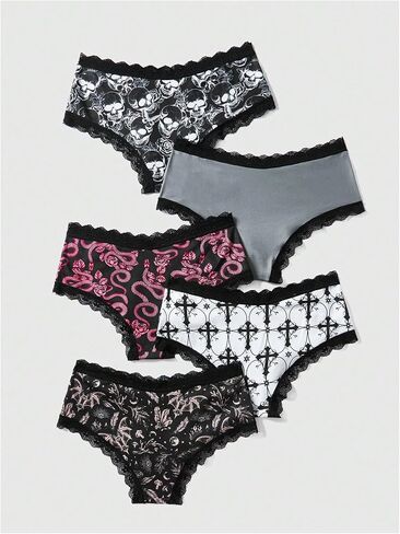WDIRARA Women's 5 Pack Set Goth Graphic Print Mesh Sheer Lace Trim Mid Rise Underwear Briefs in Kuwait