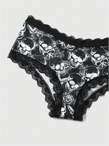 WDIRARA Women's 5 Pack Set Goth Graphic Print Mesh Sheer Lace Trim Mid Rise Underwear Briefs in Kuwait