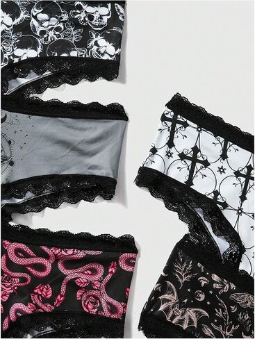WDIRARA Women's 5 Pack Set Goth Graphic Print Mesh Sheer Lace Trim Mid Rise Underwear Briefs in Kuwait