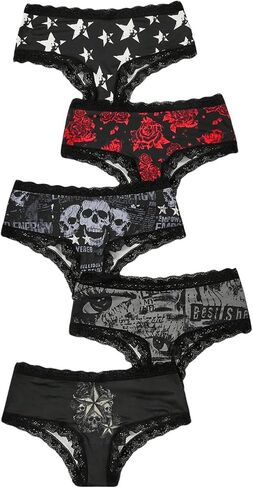 WDIRARA Women's 5 Pack Set Goth Graphic Print Mesh Sheer Lace Trim Mid Rise Underwear Briefs in Kuwait