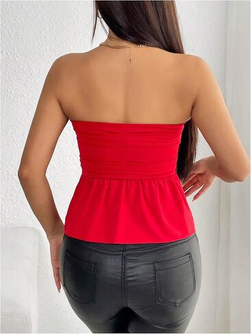 SOLY HUX Women's Ruched Strapless Elegant Tube Top Summer Ruffle Trim Sleeveless Bandeau Tops in Saudi Arabia