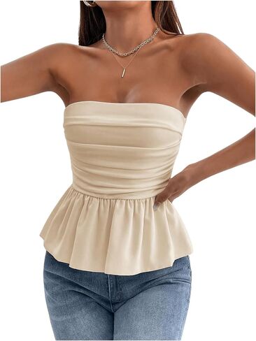 SOLY HUX Women's Ruched Strapless Elegant Tube Top Summer Ruffle Trim Sleeveless Bandeau Tops in Saudi Arabia