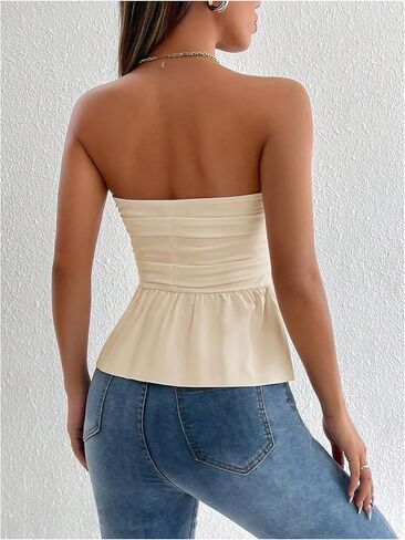 SOLY HUX Women's Ruched Strapless Elegant Tube Top Summer Ruffle Trim Sleeveless Bandeau Tops in Saudi Arabia