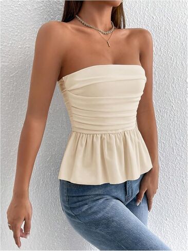 SOLY HUX Women's Ruched Strapless Elegant Tube Top Summer Ruffle Trim Sleeveless Bandeau Tops in Saudi Arabia