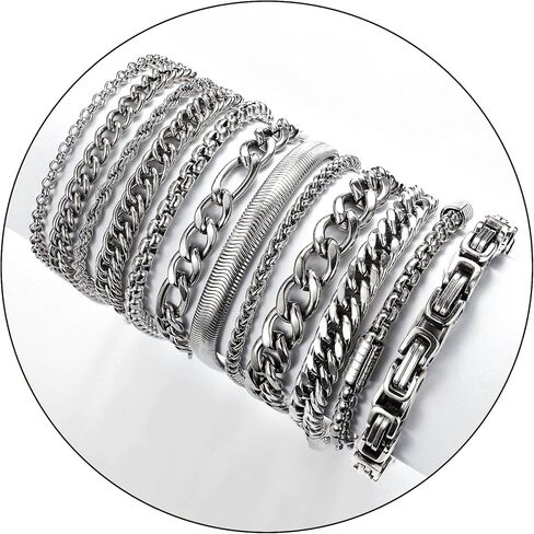 12PCS Stainless Steel Cuban Link Chain Bracelets for Men Women Gold Figaro Rope Chain Men's Curb Chain Bracelets Set Box Square Rolo Twisted Wrist Bracelets 7.5/8.3/9inch in Kuwait