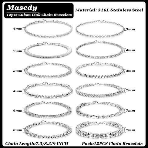 12PCS Stainless Steel Cuban Link Chain Bracelets for Men Women Gold Figaro Rope Chain Men's Curb Chain Bracelets Set Box Square Rolo Twisted Wrist Bracelets 7.5/8.3/9inch in Kuwait