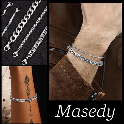12PCS Stainless Steel Cuban Link Chain Bracelets for Men Women Gold Figaro Rope Chain Men's Curb Chain Bracelets Set Box Square Rolo Twisted Wrist Bracelets 7.5/8.3/9inch in Kuwait