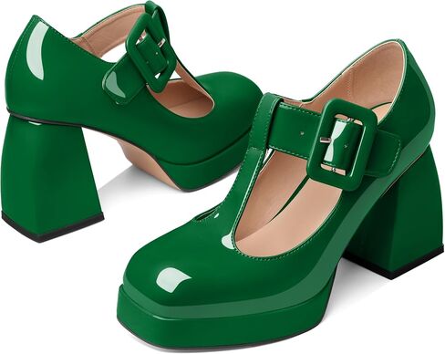 YODEKS Women's High Heels Square Toe Mary Jane Pumps Chunky Heel Platform Dress Shoes in Kuwait