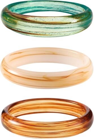 سوار Viva Joya فائق النحافة مستدير من الراتنج الأكريليك للنساء، سوار من البلاستيك، سوار من الرخام الأبيض البني والأخضر in Kuwait