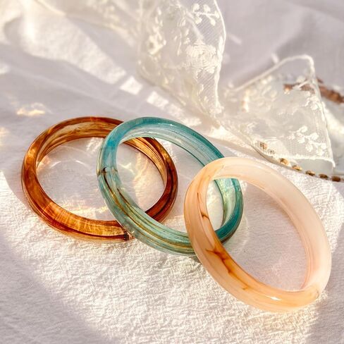 سوار Viva Joya فائق النحافة مستدير من الراتنج الأكريليك للنساء، سوار من البلاستيك، سوار من الرخام الأبيض البني والأخضر in Kuwait