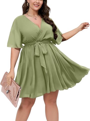 SCOMCHIC Women's Plus Size Summer Dresses Short Sleeve Wrap V Neck A Line Skater Mini Short Dress XL-4XL in Kuwait