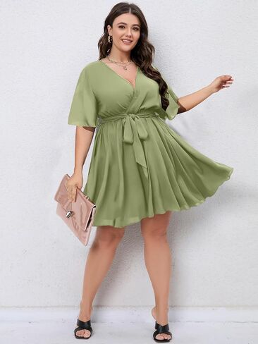 SCOMCHIC Women's Plus Size Summer Dresses Short Sleeve Wrap V Neck A Line Skater Mini Short Dress XL-4XL in Kuwait