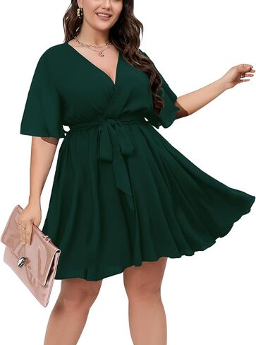 SCOMCHIC Women's Plus Size Summer Dresses Short Sleeve Wrap V Neck A Line Skater Mini Short Dress XL-4XL in Kuwait