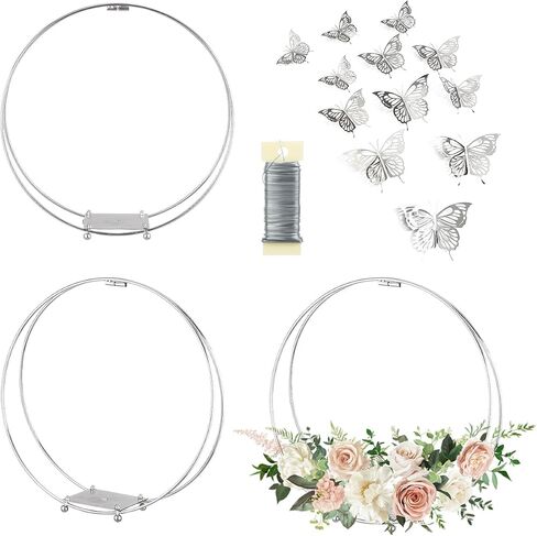 3 Pack 14 Inches Metal Double Floral Hoop Centerpieces with Stand and 38-Yard Paddle Wire Craft Centerpiece Table Decorations Wedding/Baptism/Party/Centerpiece DIY Metal Ring Table Décor, Silver in Kuwait