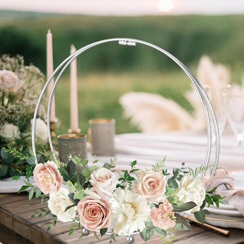 3 Pack 14 Inches Metal Double Floral Hoop Centerpieces with Stand and 38-Yard Paddle Wire Craft Centerpiece Table Decorations Wedding/Baptism/Party/Centerpiece DIY Metal Ring Table Décor, Silver in Kuwait