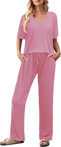 Ekouaer Lounge Sets for Women Short Sleeve Top and Long Pants Ribbed Knit Pajama Set 2 Piece PJ Sets Outfits in Saudi Arabia