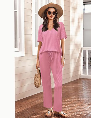 Ekouaer Lounge Sets for Women Short Sleeve Top and Long Pants Ribbed Knit Pajama Set 2 Piece PJ Sets Outfits in Saudi Arabia
