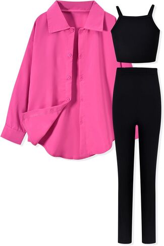 HIHA Girls 3 Piece Outfit Cami Top Legging Pants Set with Button Down Shirt in Saudi Arabia