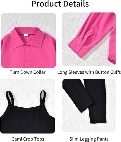 HIHA Girls 3 Piece Outfit Cami Top Legging Pants Set with Button Down Shirt in Saudi Arabia