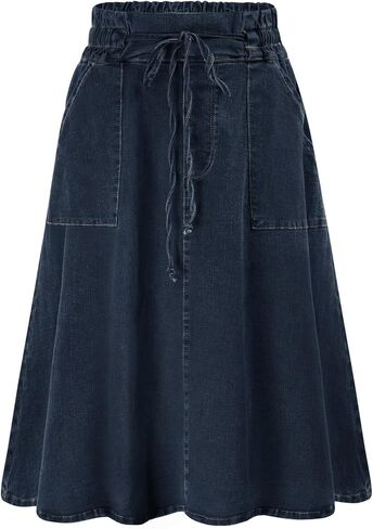 KANCY KOLE Women Casual Denim Skirts Frill Tie Waist A-Line Midi Jean Skirt with Pockets S-XXL in Kuwait