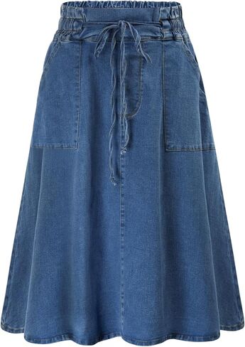 KANCY KOLE Women Casual Denim Skirts Frill Tie Waist A-Line Midi Jean Skirt with Pockets S-XXL in Kuwait