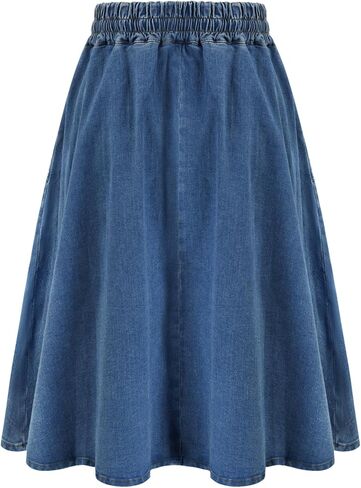 KANCY KOLE Women Casual Denim Skirts Frill Tie Waist A-Line Midi Jean Skirt with Pockets S-XXL in Kuwait