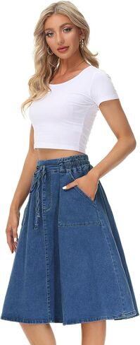 KANCY KOLE Women Casual Denim Skirts Frill Tie Waist A-Line Midi Jean Skirt with Pockets S-XXL in Kuwait